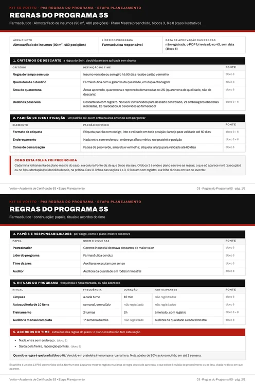 Folha P03 do Kit 5S preenchida para o almoxarifado de insumos farmacêuticos (caso ilustrativo)
