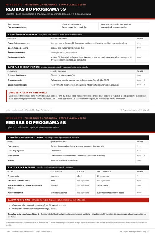 Folha P03 do Kit 5S preenchida para a doca de expedição 3 (caso ilustrativo)
