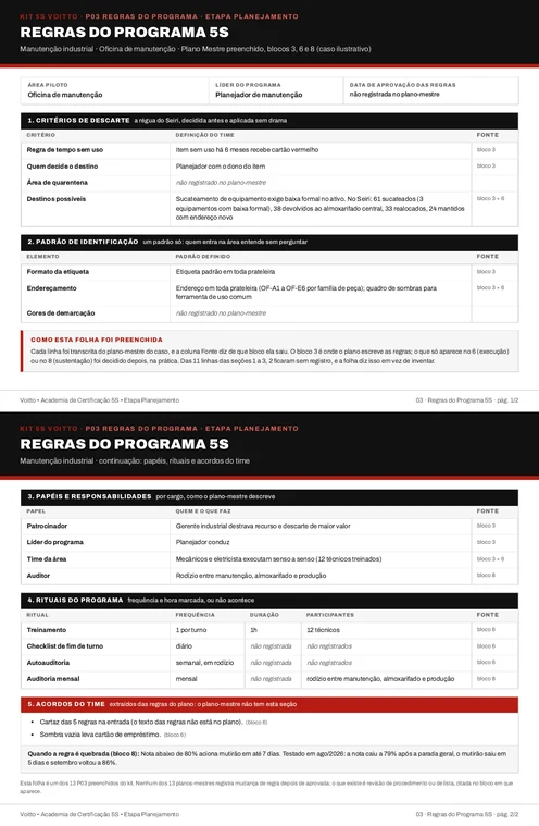 Folha P03 do Kit 5S preenchida para a oficina de manutenção (caso ilustrativo)