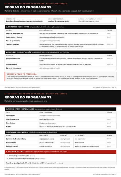 Folha P03 do Kit 5S preenchida para o estúdio e o almoxarifado promocional (caso ilustrativo)