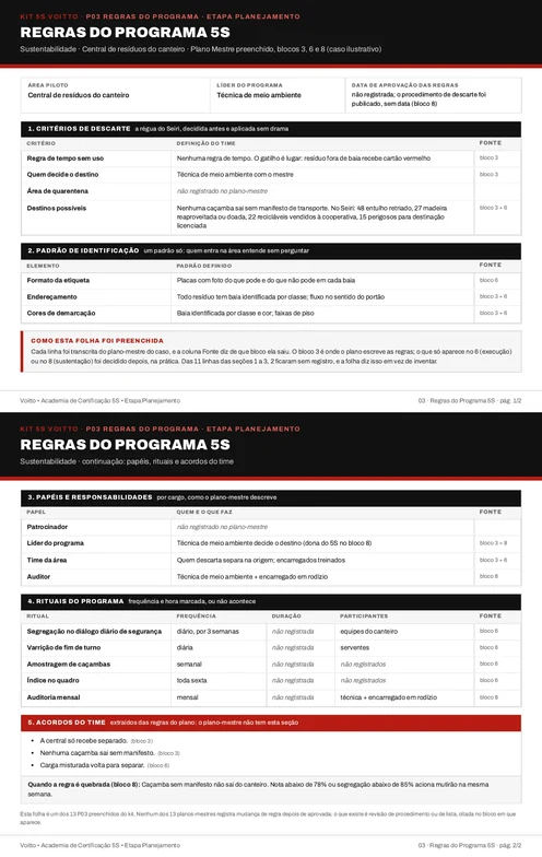 Folha P03 do Kit 5S preenchida para a central de resíduos do canteiro (caso ilustrativo)