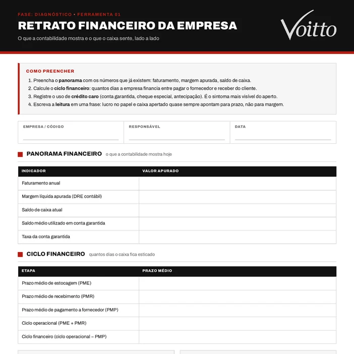 Modelo em branco do Retrato Financeiro da Empresa (D01): quatro instruções de preenchimento, campos de empresa, responsável e data, panorama financeiro com cinco indicadores, ciclo financeiro com PME, PMR, PMP, ciclo operacional e ciclo financeiro, e os quadros de leitura e de sinais de alerta