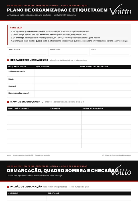 Folha em branco do S07, plano de organização e etiquetagem, do Kit de Ferramentas 5S