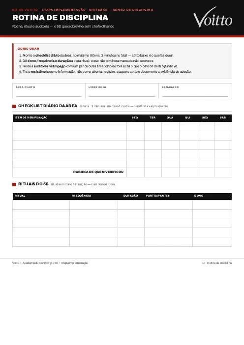 Folha S10 em branco da rotina de disciplina, com checklist diário, rituais com dono, auditoria relâmpago e plano de engajamento, do Kit de Ferramentas 5S
