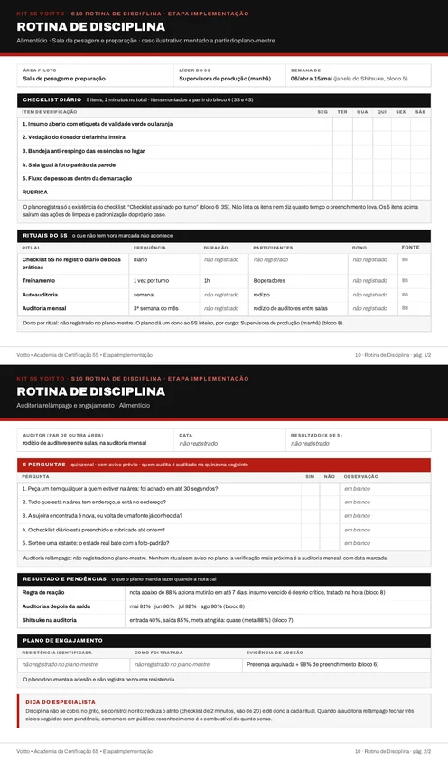 Folha S10 do Kit 5S preenchida para a sala de pesagem e preparação (caso ilustrativo)