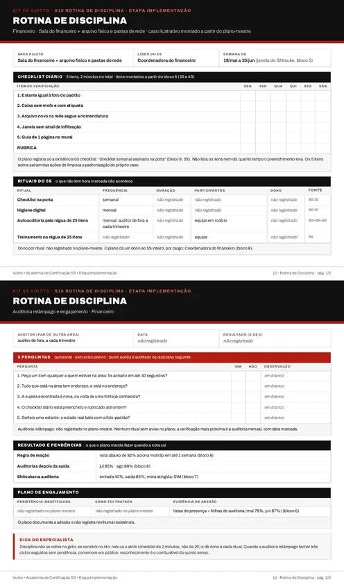 Folha S10 do Kit 5S preenchida para a sala do financeiro, o arquivo físico e as pastas de rede (caso ilustrativo)