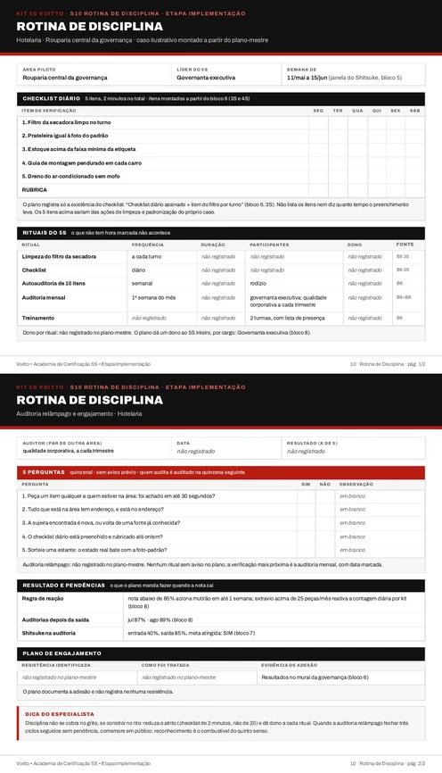 Folha S10 do Kit 5S preenchida para a rouparia central da governança (caso ilustrativo)