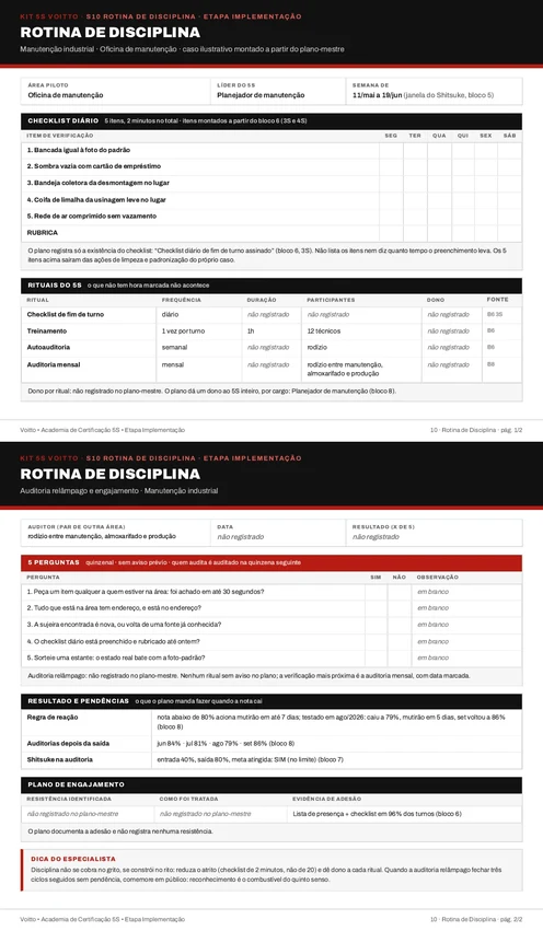 Folha S10 do Kit 5S preenchida para a oficina de manutenção (caso ilustrativo)