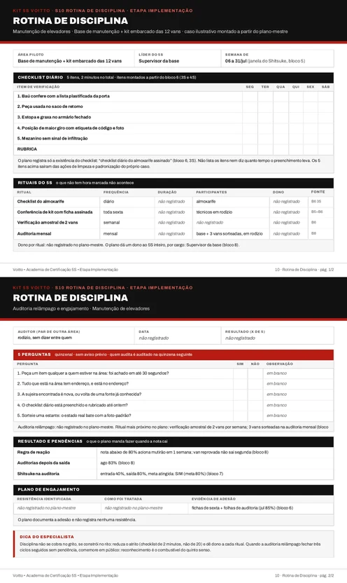 Folha S10 do Kit 5S preenchida para a base de manutenção e o kit embarcado das vans (caso ilustrativo)