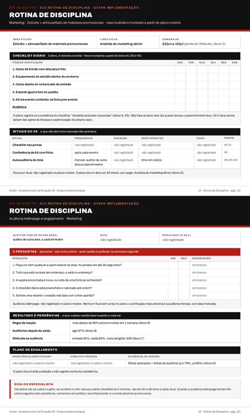 Folha S10 do Kit 5S preenchida para o estúdio e o almoxarifado de materiais promocionais (caso ilustrativo)