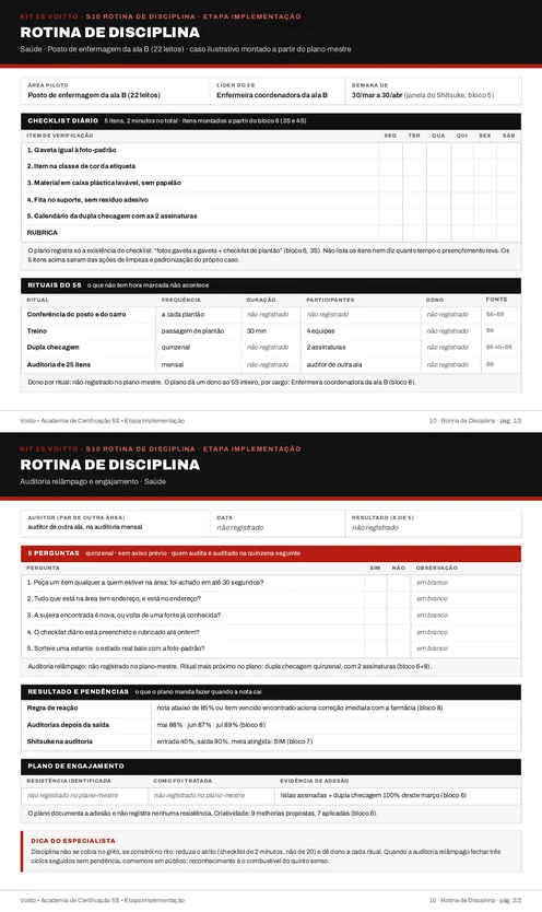Folha S10 do Kit 5S preenchida para o posto de enfermagem da ala B (caso ilustrativo)
