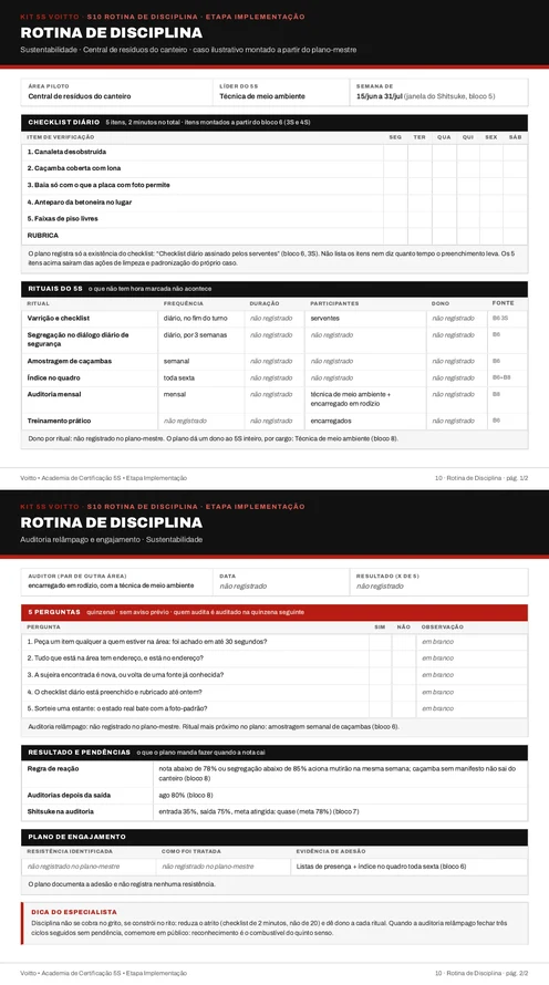 Folha S10 do Kit 5S preenchida para a central de resíduos do canteiro (caso ilustrativo)