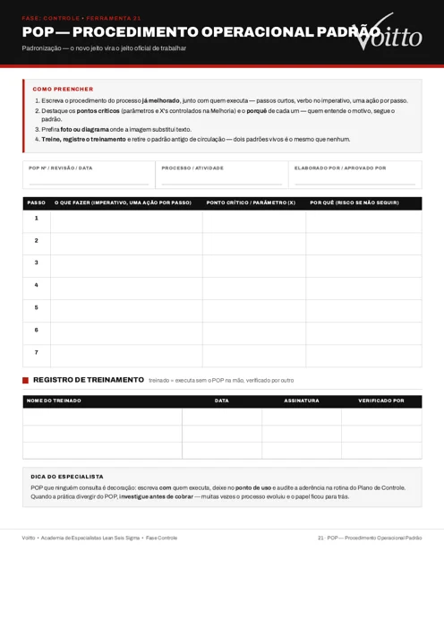 Modelo em branco de Procedimento Operacional Padrão do kit Lean Seis Sigma da Voitto