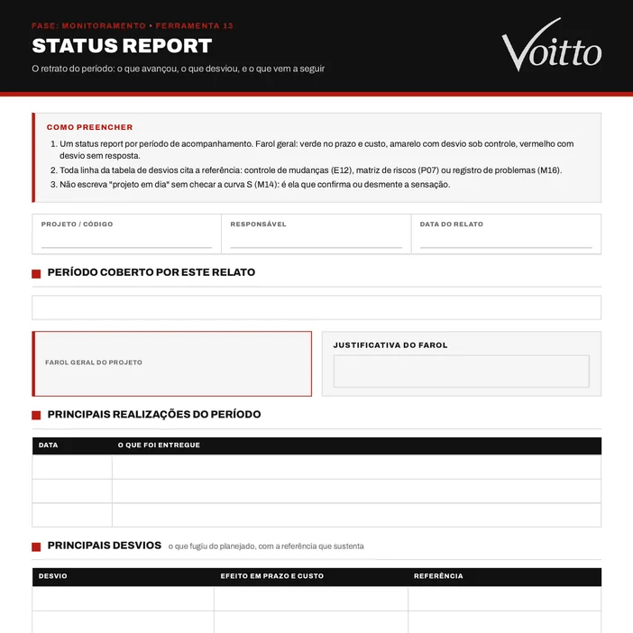 Modelo em branco do Status Report (M13): três instruções de preenchimento no topo, campos de projeto, responsável e data do relato, período coberto, farol geral com justificativa, tabela de realizações, tabela de desvios com efeito e referência, riscos em destaque e próximos passos