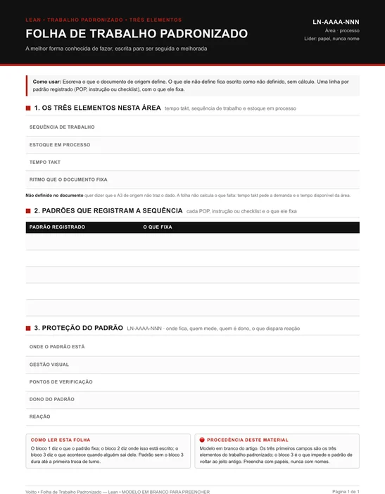 Modelo em branco da folha de trabalho padronizado
