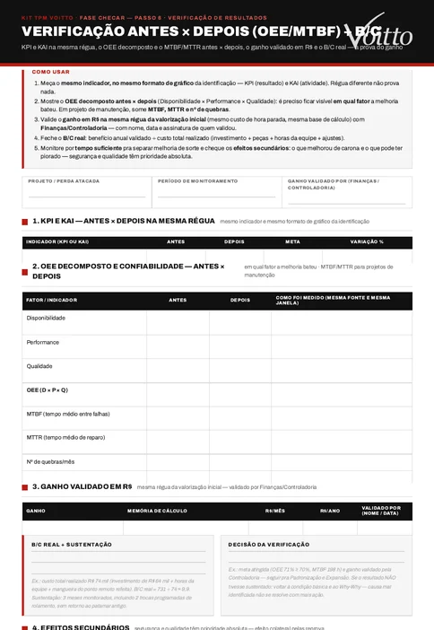 Folha de verificação antes e depois do Kit de Ferramentas TPM, em branco, com os quatro blocos e o campo de ganho validado por finanças ou controladoria