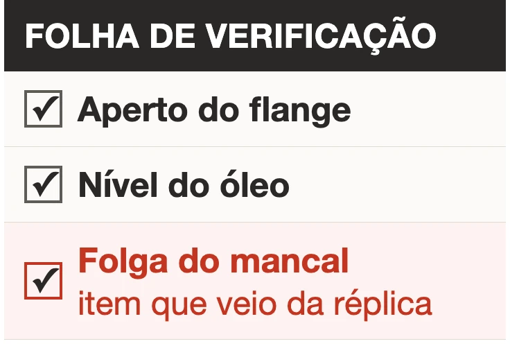 Ilustração de folha de verificação com três itens marcados: aperto do flange, nível do óleo e, em vermelho, folga do mancal, o item que veio da réplica