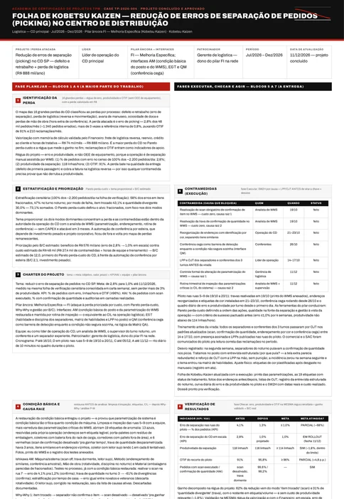Folha de Kobetsu Kaizen de um caso de logística, com o bloco 7 de padronização e expansão horizontal preenchido