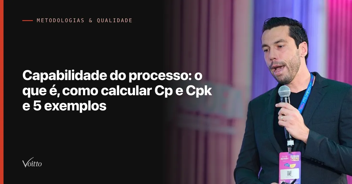 Thiago Coutinho falando ao microfone de mão em um palco de evento, de blazer escuro sobre camiseta preta e crachá em cordão azul no peito, olhando para a plateia diante de um fundo de palco iluminado em roxo e rosa, com o texto Capabilidade do processo: o que é, como calcular Cp e Cpk e 5 exemplos sobre fundo escuro à esquerda