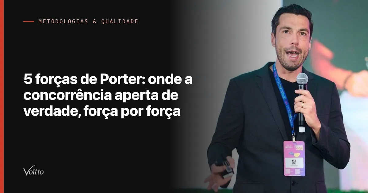 Thiago Coutinho de camiseta preta e cracha falando ao microfone e gesticulando com energia no palco, com o texto 5 forças de Porter: onde a concorrência aperta de verdade, força por força sobre fundo escuro à esquerda