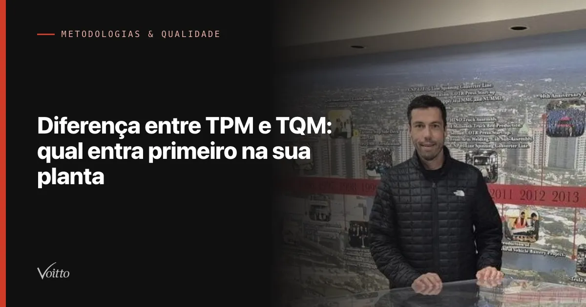 Thiago Coutinho de jaqueta preta numa visita a uma fábrica, com o texto Diferença entre TPM e TQM: qual entra primeiro na sua planta