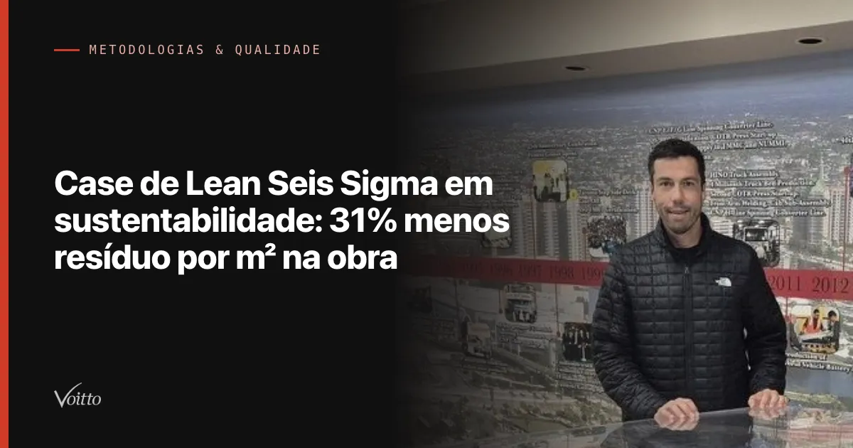 Thiago Coutinho de jaqueta preta apoiado em um balcão de vidro diante de um painel com a linha do tempo ilustrada de uma fábrica, com o texto Case de Lean Seis Sigma em sustentabilidade: 31% menos resíduo por m² na obra