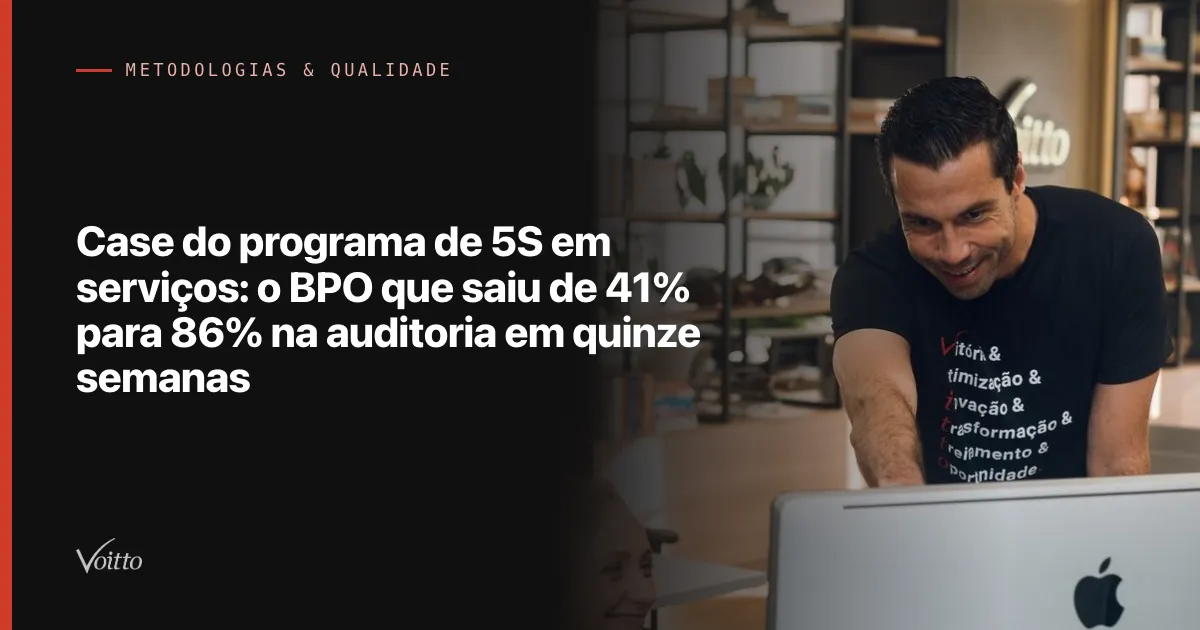 Thiago Coutinho, de camiseta preta estampada com palavras como otimização e transformação, debruçado sobre uma mesa de escritório e sorrindo para a tela de um computador, com uma colega desfocada em primeiro plano e prateleiras e o V da Voitto ao fundo, com o texto Case do programa de 5S em serviços: o BPO que saiu de 41% para 86% na auditoria em quinze semanas sobre fundo escuro à esquerda