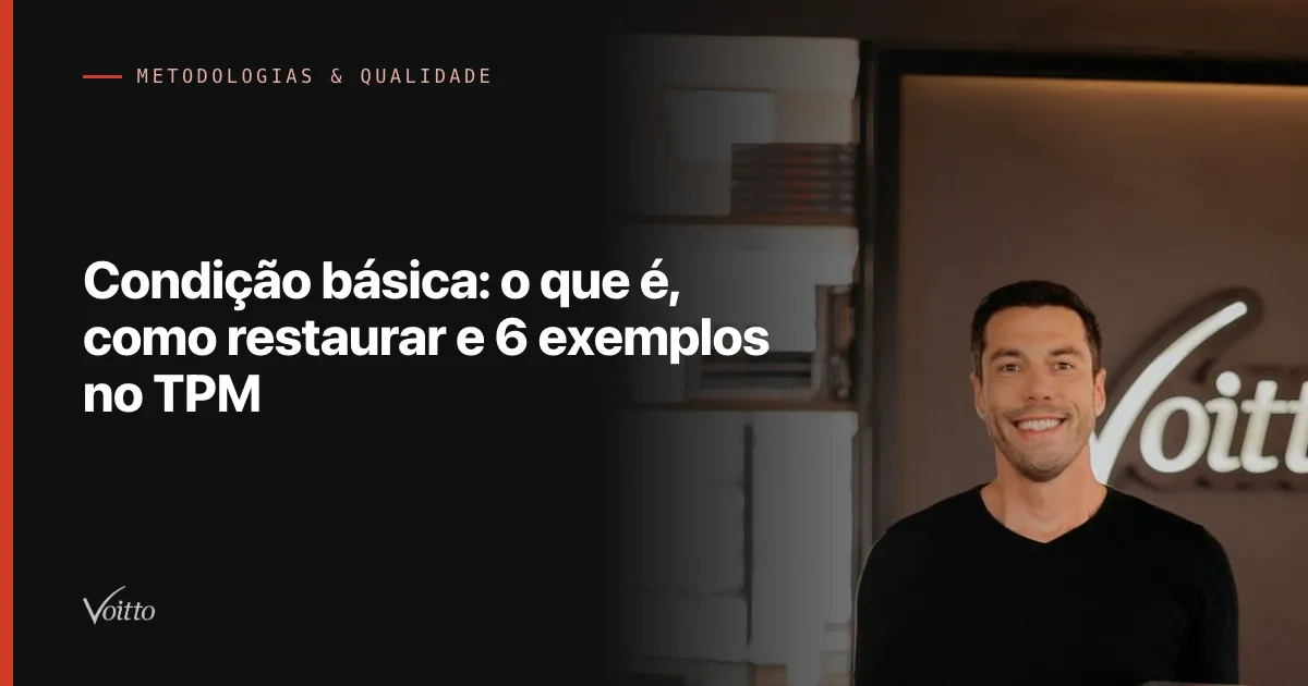 Thiago Coutinho de camiseta preta, em retrato de meio corpo sorrindo para a câmera, diante de uma parede escura com o logo da Voitto iluminado ao fundo, com o texto Condição básica: o que é, como restaurar e 6 exemplos no TPM sobre fundo escuro à esquerda