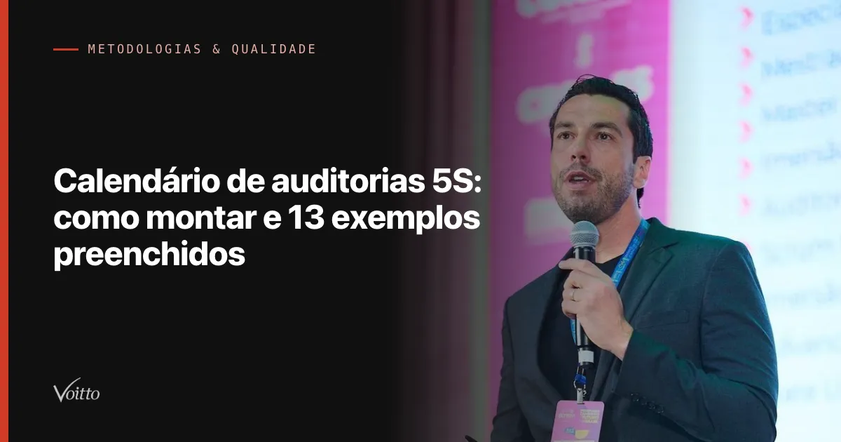 Thiago Coutinho falando ao microfone de mão em um palco de evento, de blazer escuro sobre camiseta preta e crachá em cordão azul no peito, olhando para a plateia diante de um fundo de palco iluminado em roxo e rosa, com o texto Calendário de auditorias 5S: como montar e 13 exemplos preenchidos sobre fundo escuro à esquerda