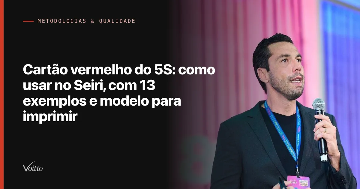 Thiago Coutinho de blazer escuro e crachá em cordão azul, segurando um microfone de mão e olhando para baixo enquanto fala, em um palco de evento com fundo branco iluminado, com o texto Cartão vermelho do 5S: como usar no Seiri, com 13 exemplos e modelo para imprimir sobre fundo escuro à esquerda