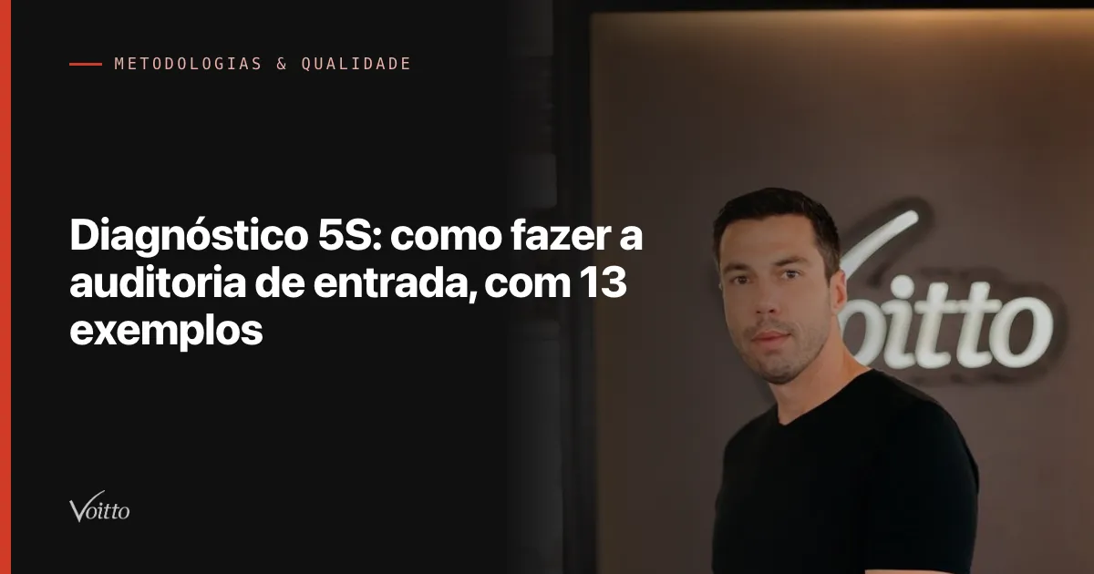 Thiago Coutinho de camiseta preta, em retrato frontal com expressão séria olhando para a câmera, diante de uma parede escura com o logo da Voitto iluminado ao fundo, com o texto Diagnóstico 5S: como fazer a auditoria de entrada, com 13 exemplos sobre fundo escuro à esquerda