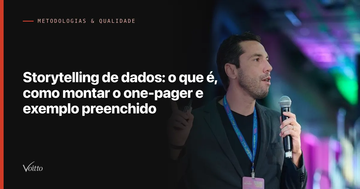 Thiago Coutinho de blazer preto e crachá, falando ao microfone no palco do SOEA 2025, gesticulando com a mão sob luzes coloridas, com o texto Storytelling de dados: o que é, como montar o one-pager e exemplo preenchido sobre fundo escuro à esquerda