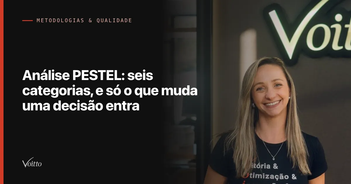 Colaboradora da Voitto de camiseta preta, sorrindo diante do letreiro Voitto iluminado no escritório, com o texto Análise PESTEL: seis categorias, e só o que muda uma decisão entra sobre fundo escuro à esquerda