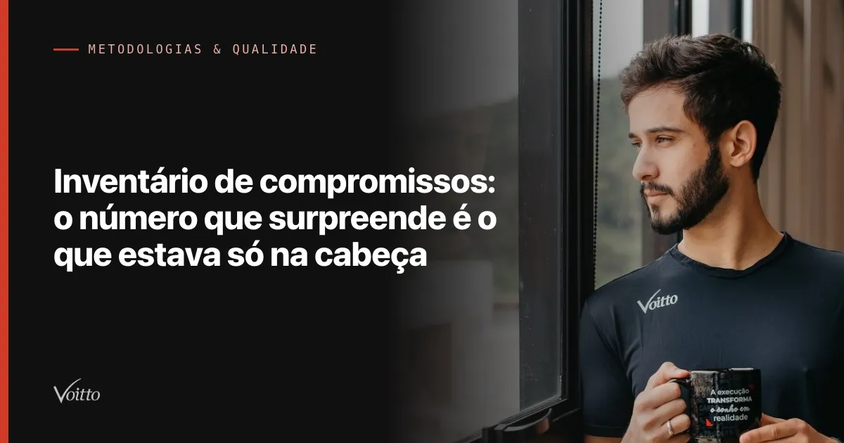 Colaborador da Voitto de camiseta preta segurando uma caneca, sorrindo no espaço de convivência do escritório, com o texto Inventário de compromissos: o número que surpreende é o que estava só na cabeça sobre fundo escuro à esquerda