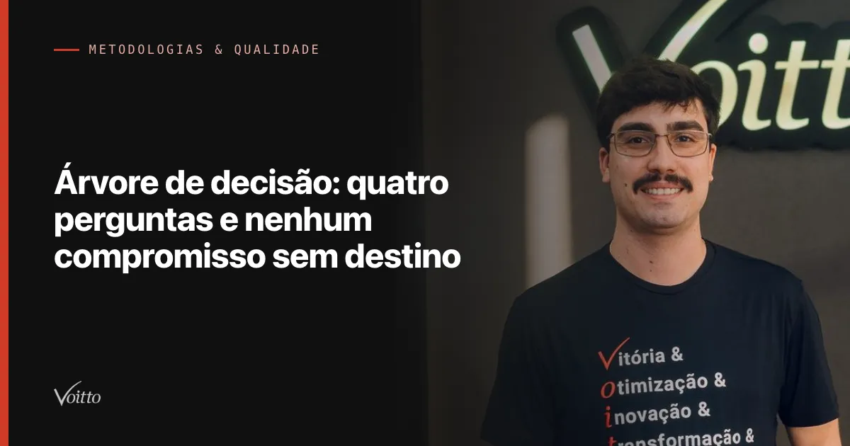 Colaborador da Voitto de óculos e camiseta preta, sorrindo diante do letreiro Voitto no escritório, com o texto Árvore de decisão: quatro perguntas e nenhum compromisso sem destino sobre fundo escuro à esquerda