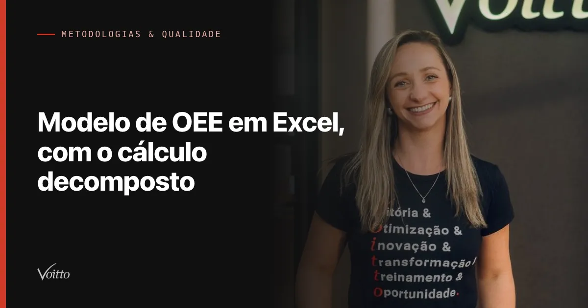 Colaboradora da Voitto loira, camiseta azul-marinho, sorrindo de braços cruzados diante do letreiro Voitto, com o texto Modelo de OEE em Excel, com o cálculo decomposto sobre fundo escuro à esquerda
