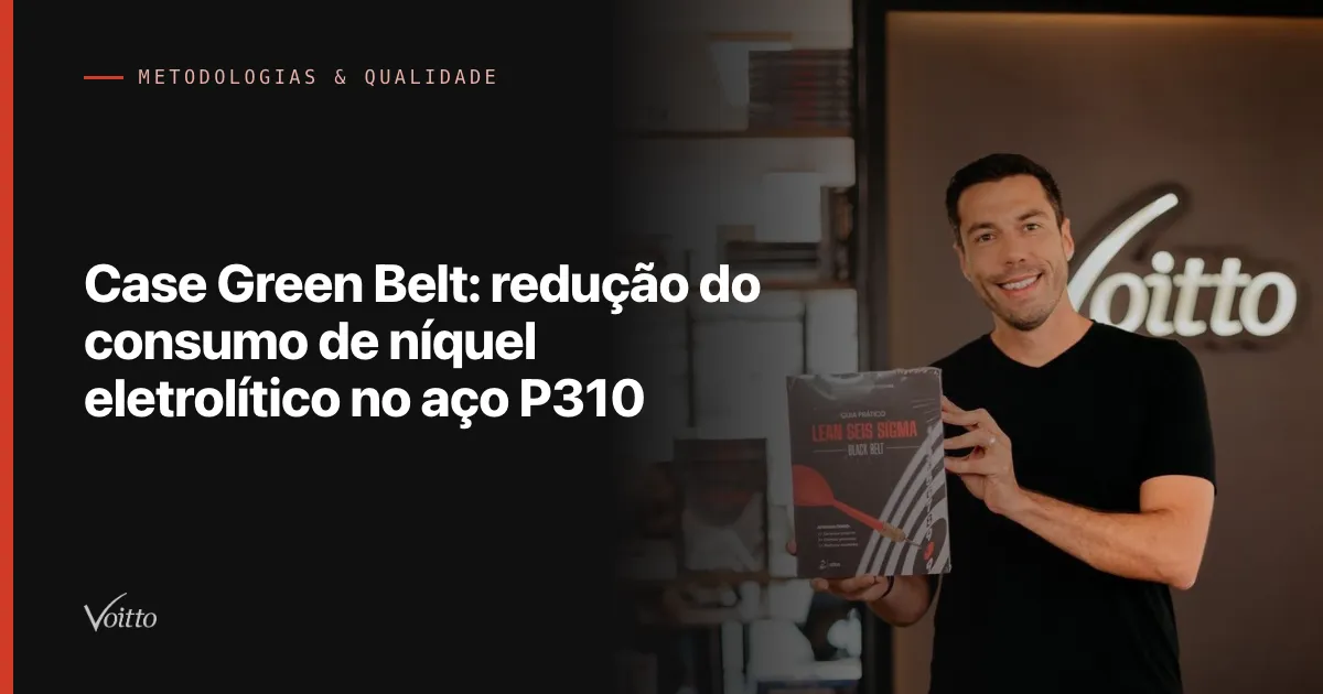 Thiago Coutinho com o livro Guia Lean Seis Sigma diante do letreiro Voitto, com o texto Case Green Belt: redução do consumo de níquel eletrolítico no aço P310 sobre fundo escuro à esquerda