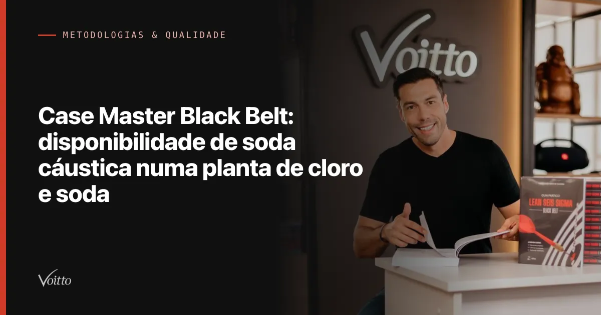 Thiago Coutinho com o livro Guia Lean Seis Sigma diante do letreiro Voitto, com o texto Case Master Black Belt: disponibilidade de soda cáustica numa planta de cloro e soda sobre fundo escuro à esquerda