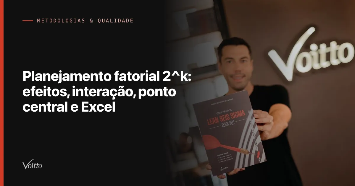 Capa do artigo com foto da Voitto e o texto Planejamento fatorial 2^k: efeitos, interação, ponto central e Excel sobre fundo escuro à esquerda