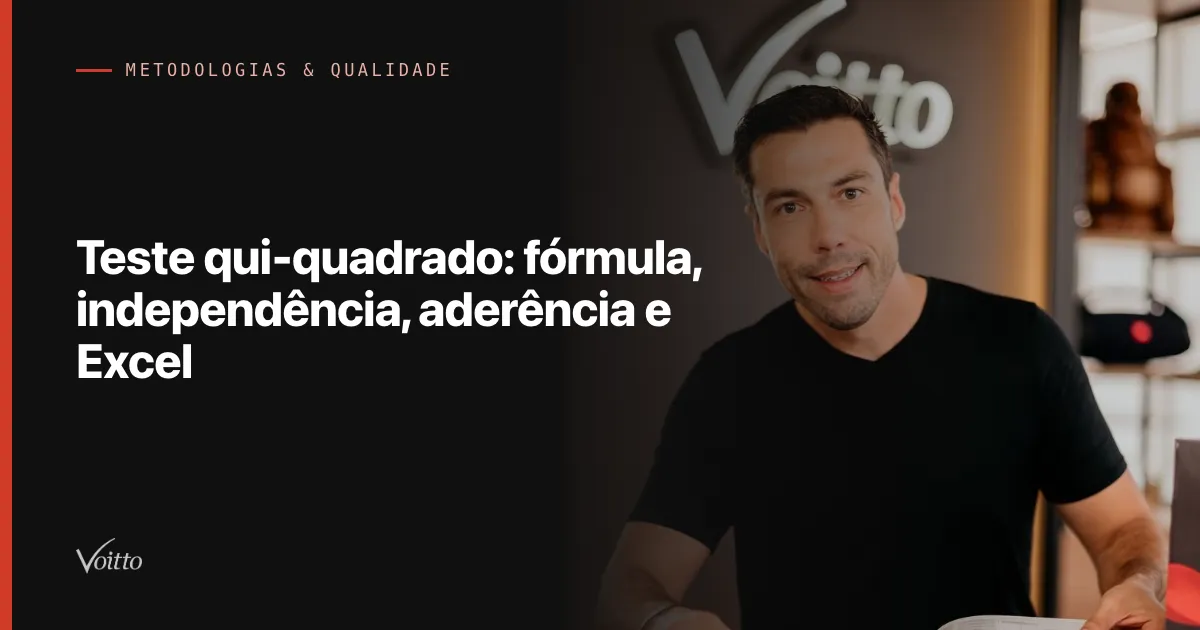 Capa do artigo com foto da Voitto e o texto Teste qui-quadrado: fórmula, independência, aderência e Excel sobre fundo escuro à esquerda
