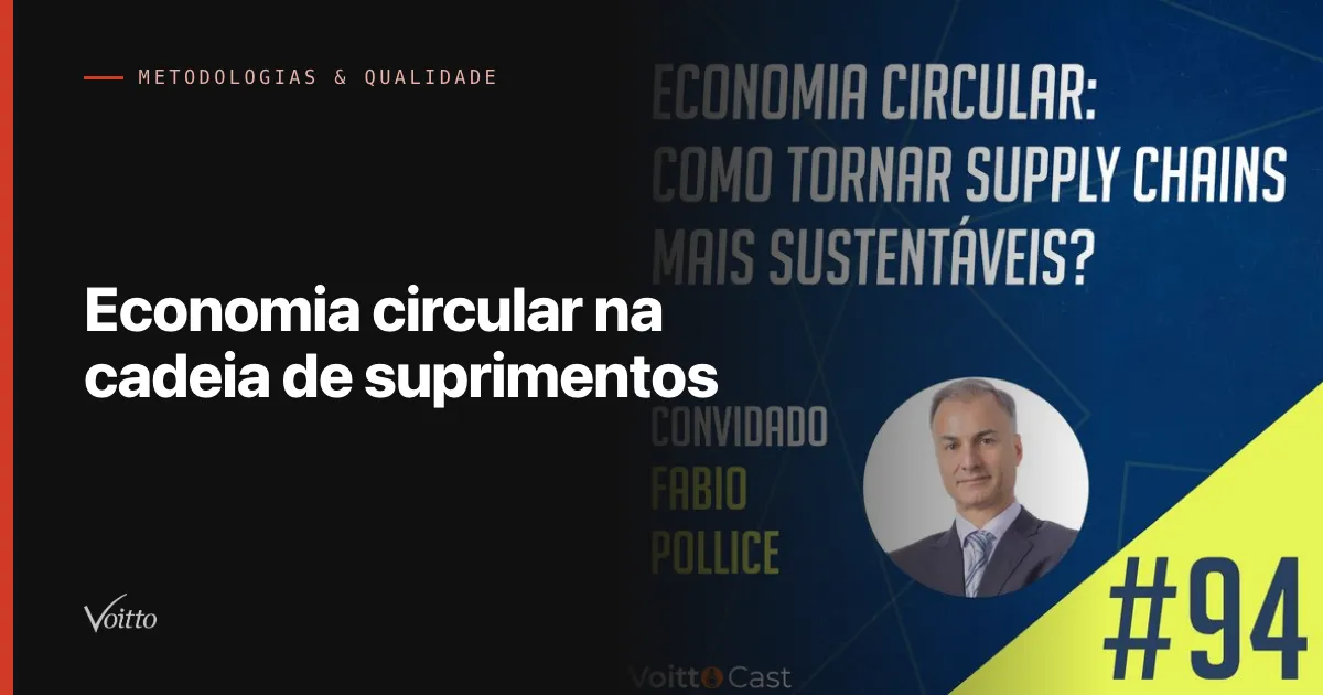 Capa do artigo Economia circular na cadeia de suprimentos, com a arte do episódio 94 do VoittoCast e a foto do convidado