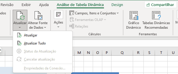 Menu Análise de Tabela Dinâmica e botão Atualizar Menu Análise de Tabela Dinâmica e botão Atualizar