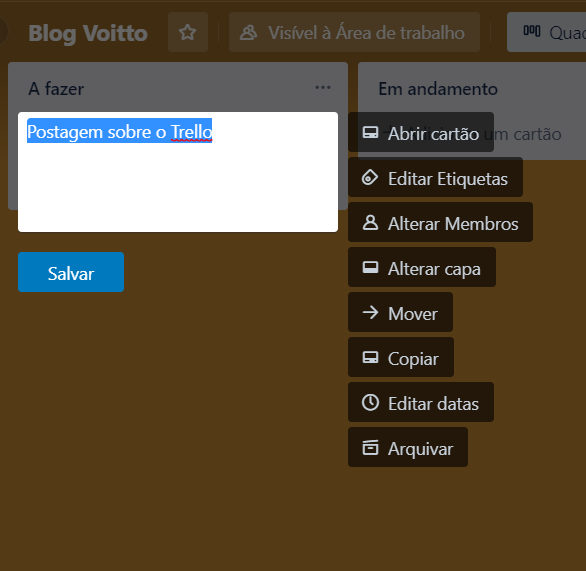 Modo edição do cartão criado.