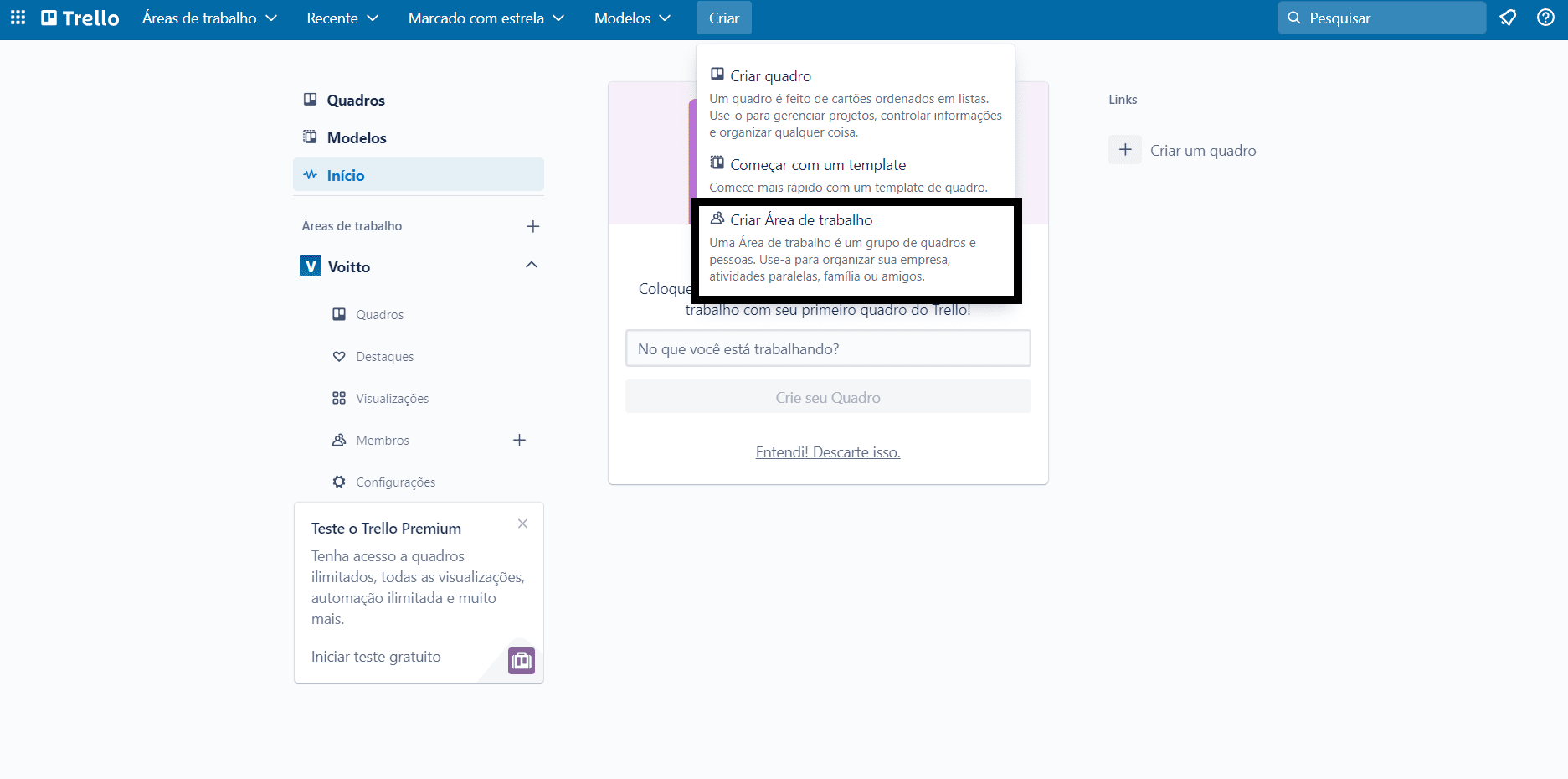 Criando uma área de trabalho no Trello.