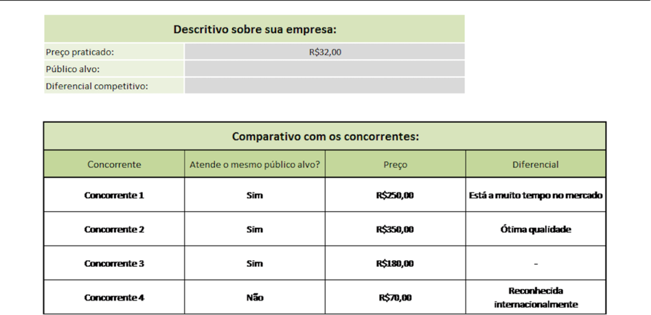 Tabela que mostra todo o descritivo da empresa e o comparativo com o concorrente Tabela que mostra todo o descritivo da empresa e o comparativo com o concorrente
