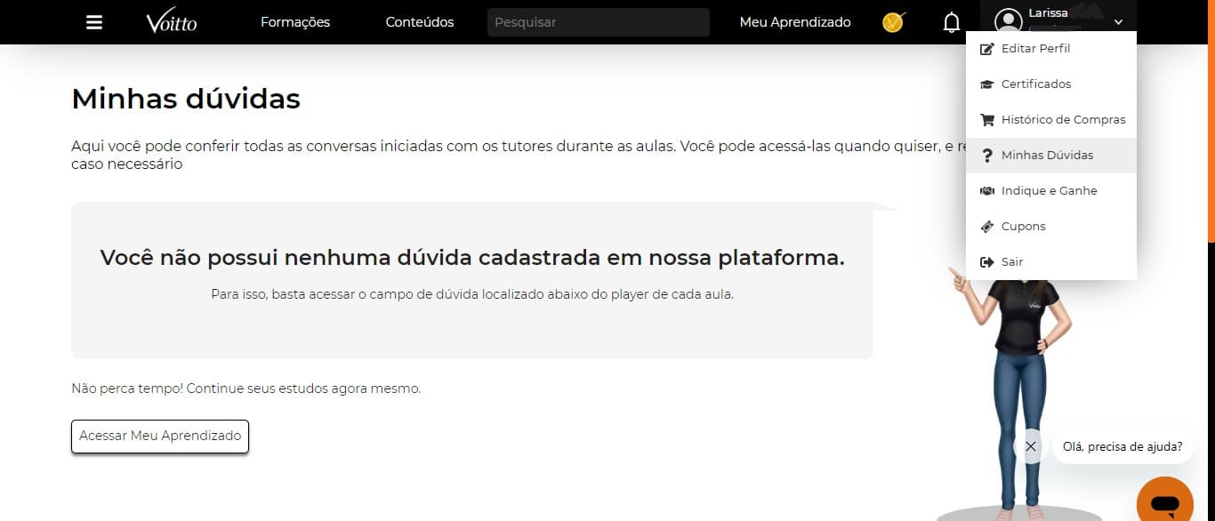 Aba "Minhas dúvidas" 