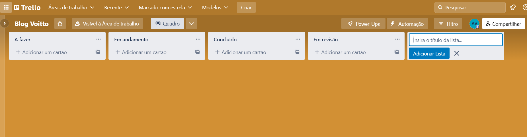 Adicionando uma nova lista no Quadro.