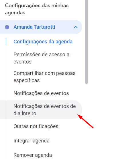 Imagem com um print ilustrando o botão Notificações de eventos de dia inteiro