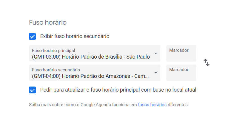 Imagem com um print ilustrando o botão de Exibir fuso horário secundário ativo