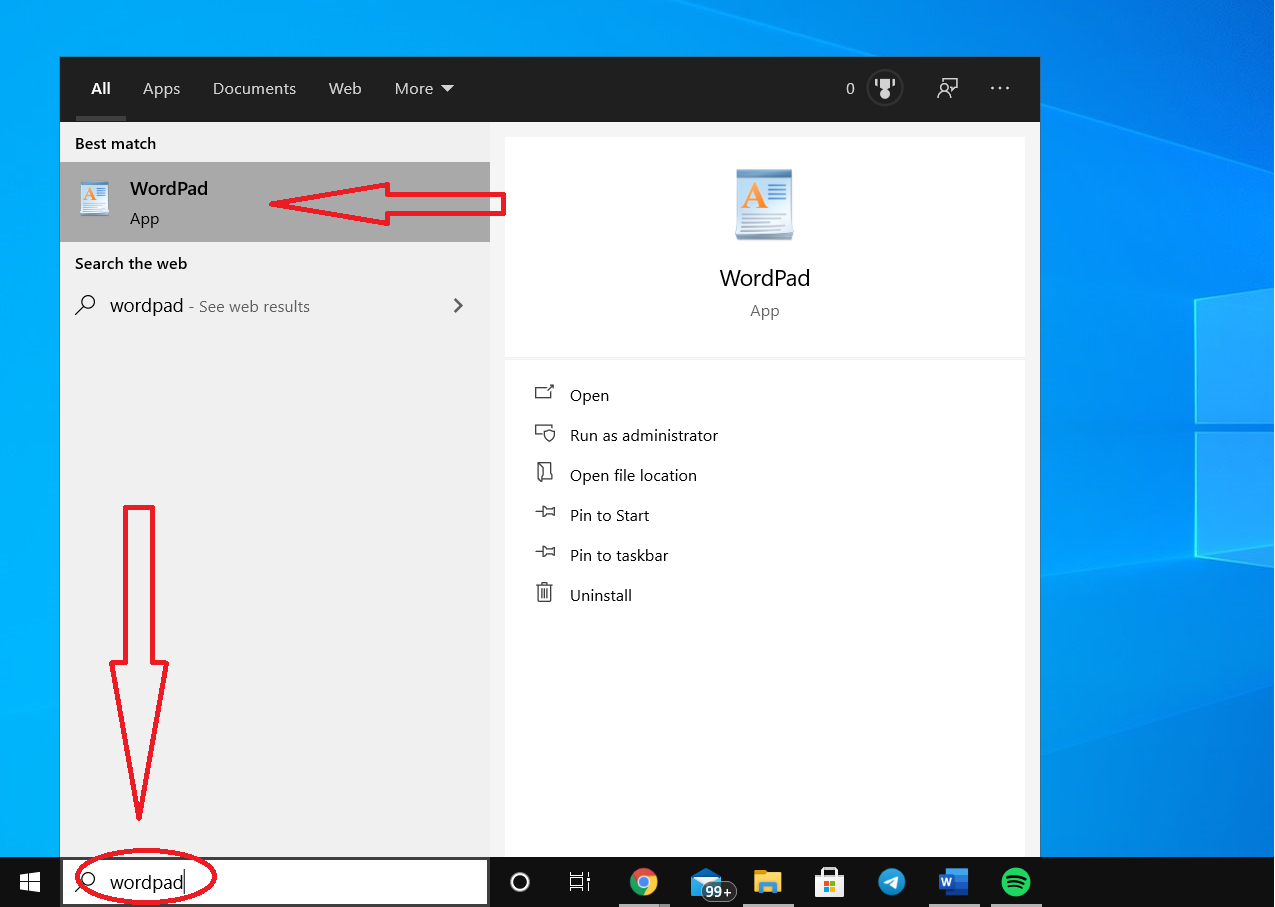 Pesquisando "WordPad" na ferramenta do Windows. Pesquisando "WordPad" na ferramenta do Windows.